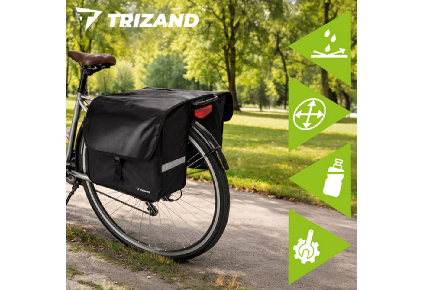 Trizand Fahrradtasche Doppel Fahrradtasche 28L wasserdicht Gepäckträgertasche Reflektoren (Doppel Fahrrad Gepäckträgertasche 28L mit Befestigung, 1x Doppel-Fahrradtasche mit Befestigungsgurten und Innenversteifung), 28L Stauraum, wasserabweisend, Reflektoren, Doppel-Fahrradtasche Bild 5