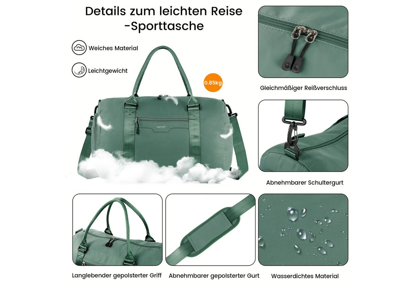 TANTOMI Reisetasche Reisetasche Damen Herren 44.5x20x28, Handgepäck Tasche Flugzeug, Sporttasche, Travel Bag mit Schuhfach und Kulturbeutel Bild 3