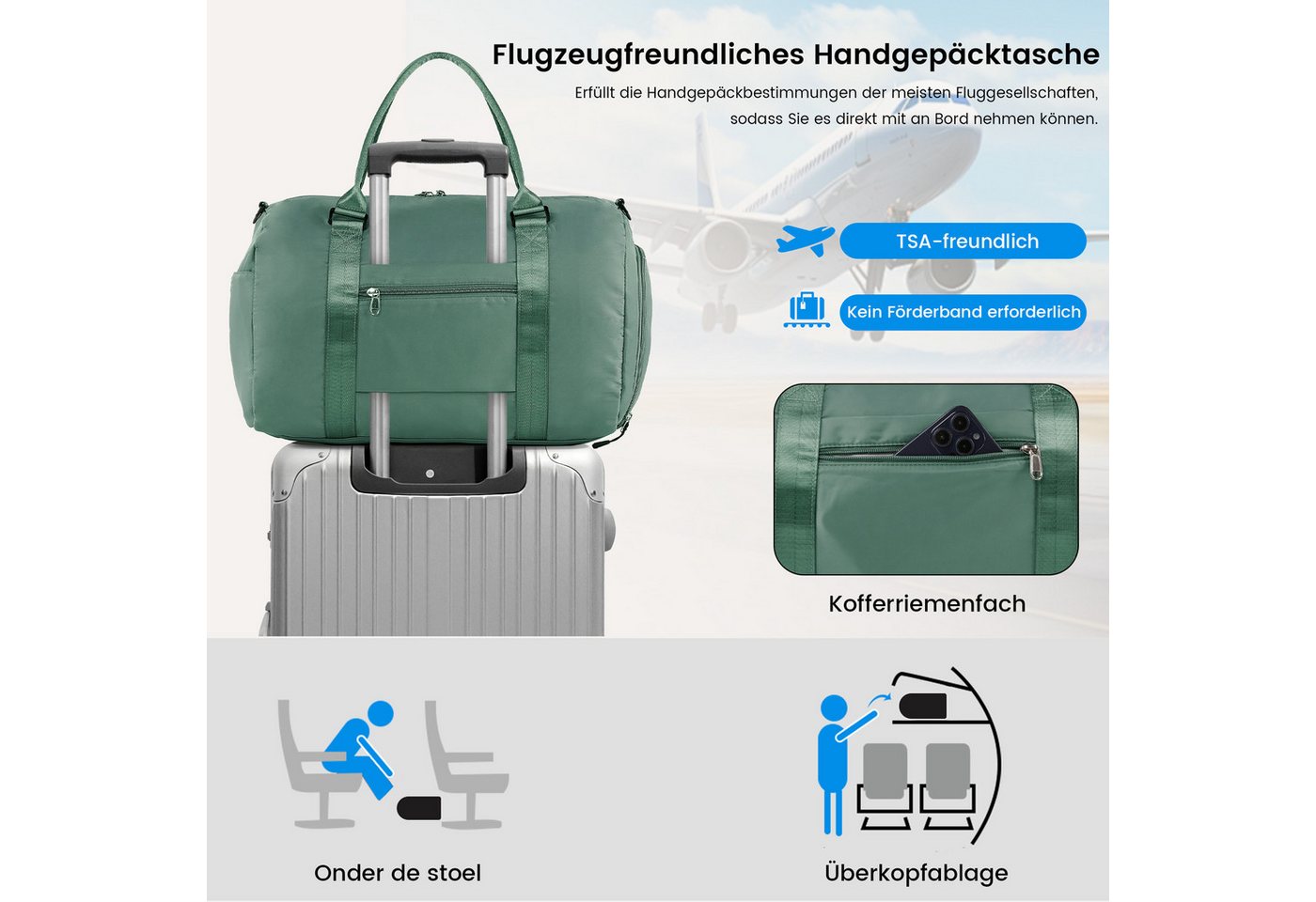 TANTOMI Reisetasche Reisetasche Damen Herren 44.5x20x28, Handgepäck Tasche Flugzeug, Sporttasche, Travel Bag mit Schuhfach und Kulturbeutel Bild 4