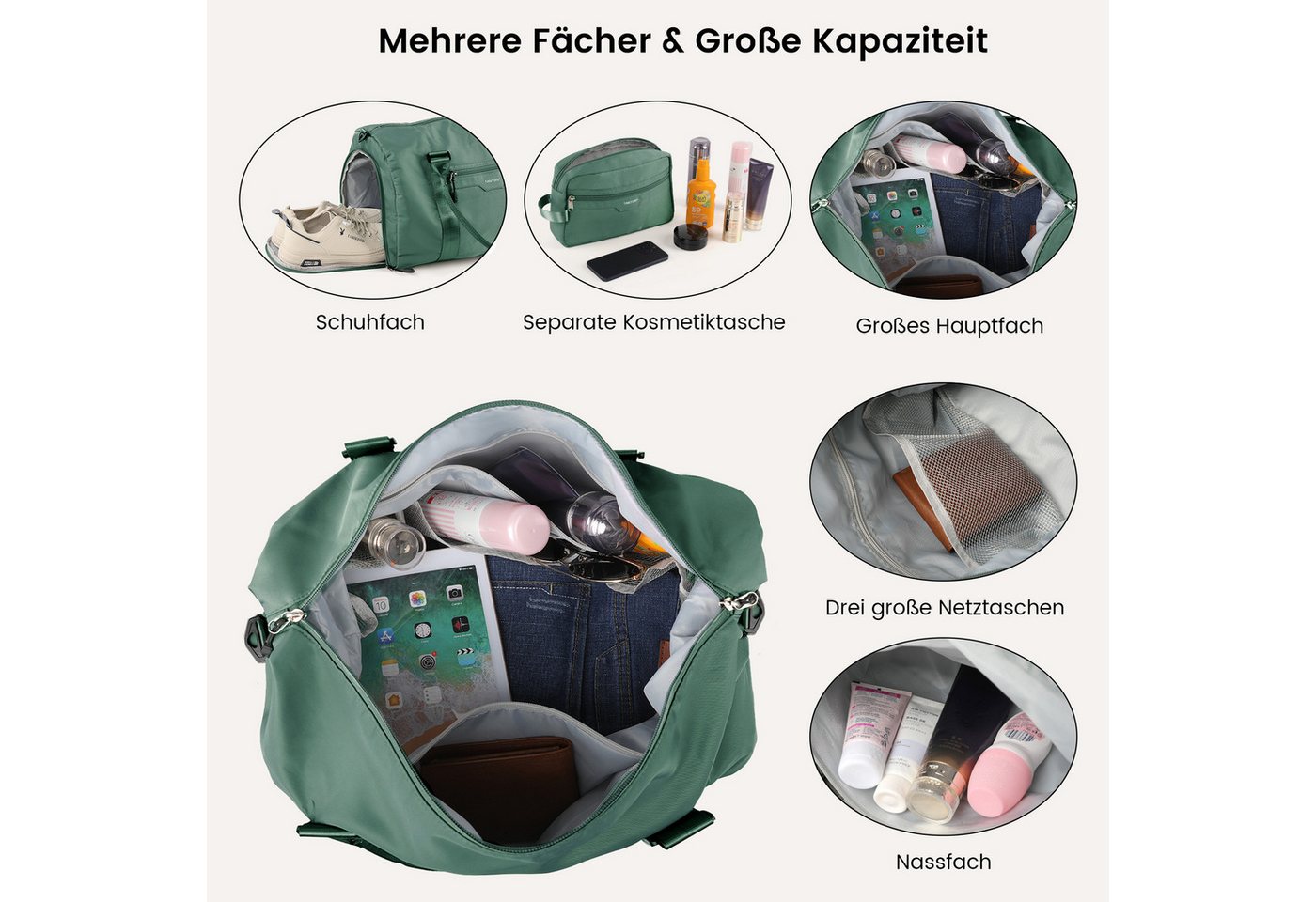 TANTOMI Reisetasche Reisetasche Damen Herren 44.5x20x28, Handgepäck Tasche Flugzeug, Sporttasche, Travel Bag mit Schuhfach und Kulturbeutel Bild 5