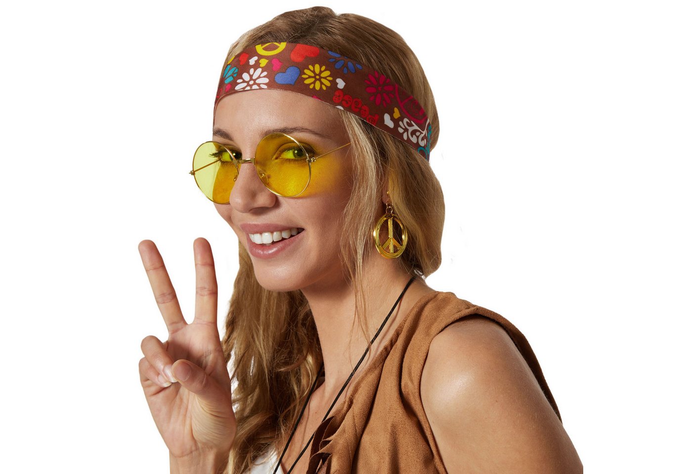 dressforfun Hippie-Kostüm Blumenkind/Siebzigerjahre-Look, in bunt, Gr. XL, Weste und Hose, 70er-Motto, Sonnenbrille, Ohrringe, Kette, Blumen- und Haarband Bild 2