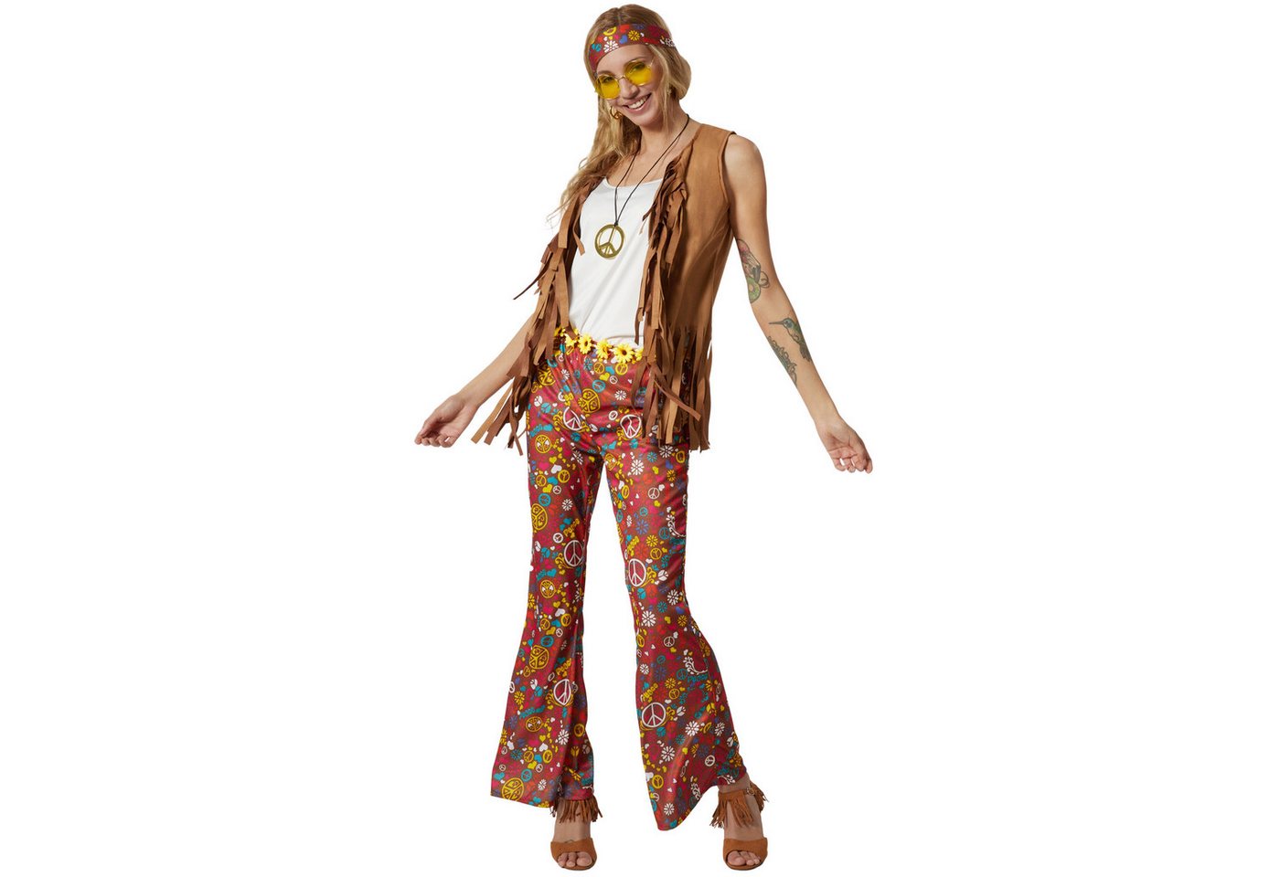 dressforfun Hippie-Kostüm Blumenkind/Siebzigerjahre-Look, in bunt, Gr. XL, Weste und Hose, 70er-Motto, Sonnenbrille, Ohrringe, Kette, Blumen- und Haarband Bild 4