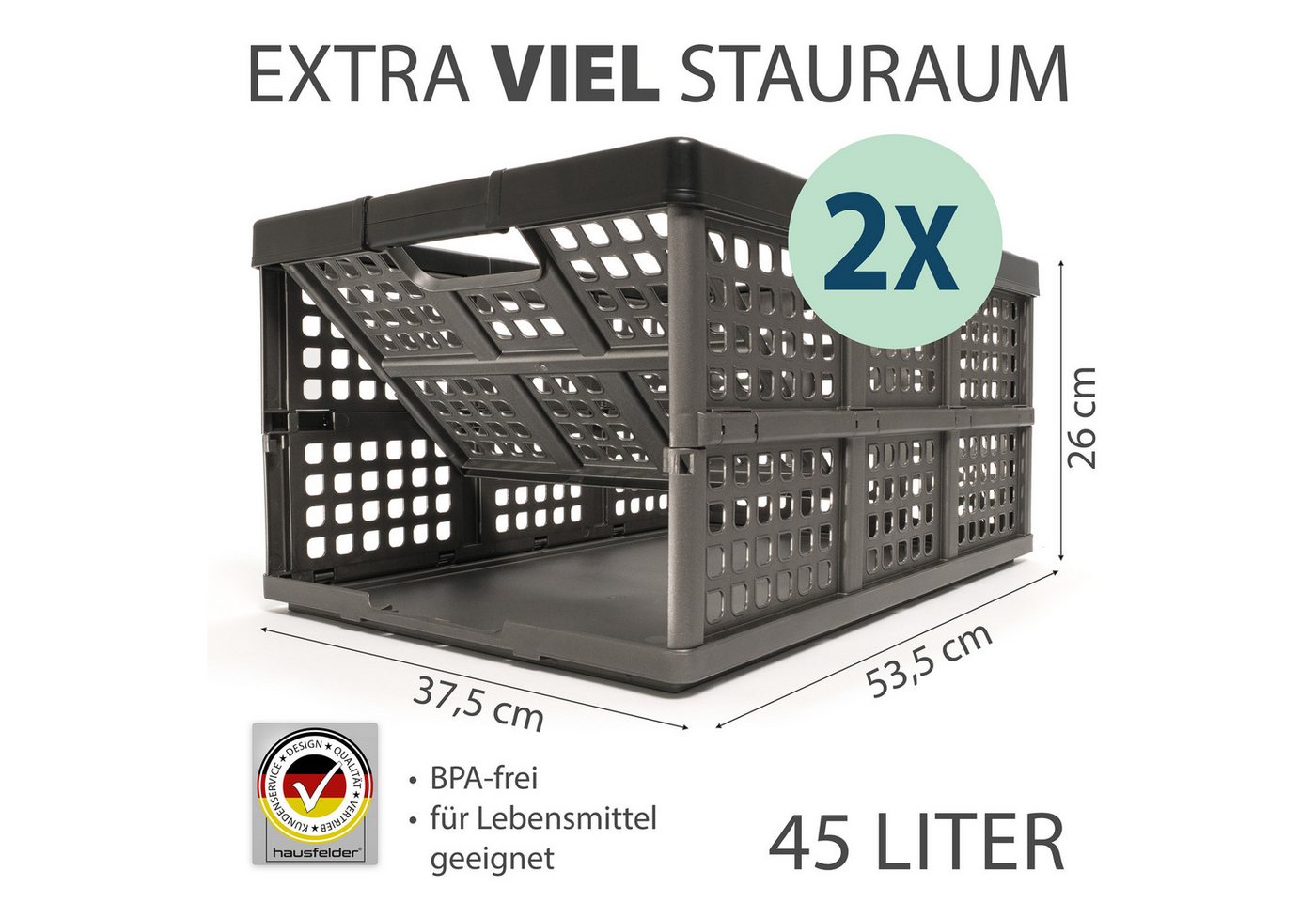 Hausfelder Klappbox Klappkiste 45 Liter, 2er Set, Klappkorb für Auto, Einkauf und Haushalt, 45 l, zusammenklappbar, BPA-freier Kunststoff, extra viel Stauraum