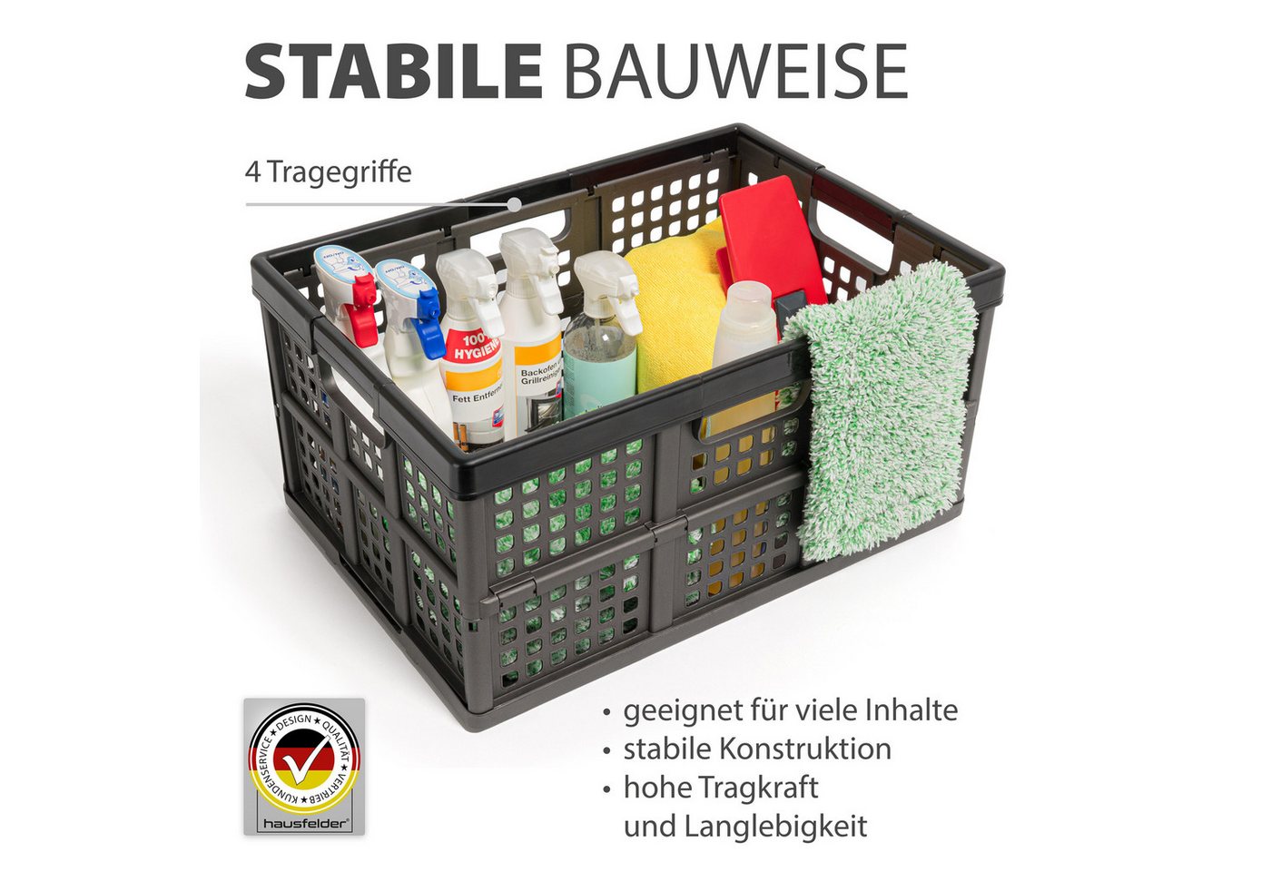 Hausfelder Klappbox Klappkiste 45 Liter, 2er Set, Klappkorb für Auto, Einkauf und Haushalt, 45 l, zusammenklappbar, BPA-freier Kunststoff, extra viel Stauraum Bild 4