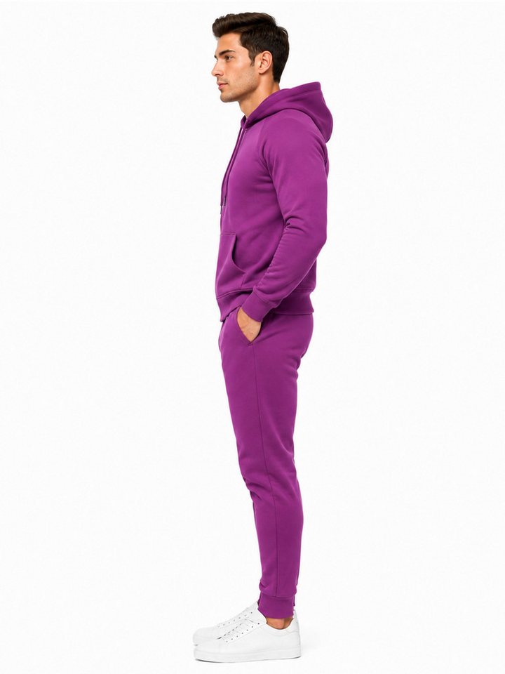 L.gonline Freizeitanzug Herren Jogginganzug einfarbig 100% BW 586 Lila XXL (Kapuzenjacke mit Reißverschluss, Hose, 2-tlg), Fitness Freizeit Casual