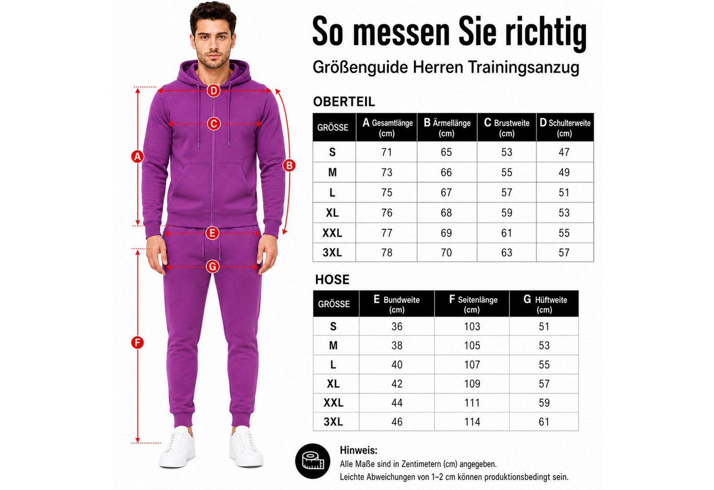 L.gonline Freizeitanzug Herren Jogginganzug einfarbig 100% BW 586 Lila XXL (Kapuzenjacke mit Reißverschluss, Hose, 2-tlg), Fitness Freizeit Casual Bild 3
