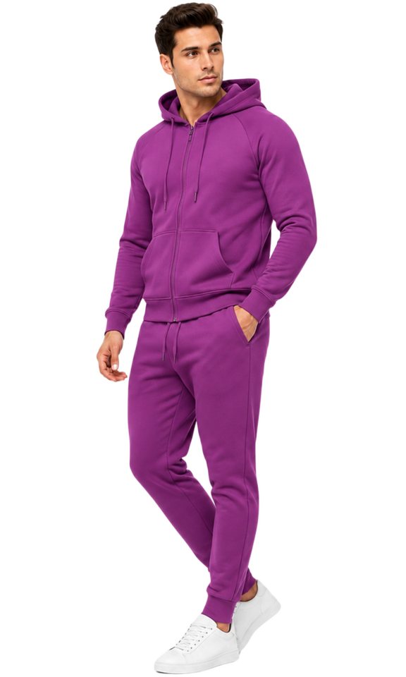 L.gonline Freizeitanzug Herren Jogginganzug einfarbig 100% BW 586 Lila XXL (Kapuzenjacke mit Reißverschluss, Hose, 2-tlg), Fitness Freizeit Casual Bild 4