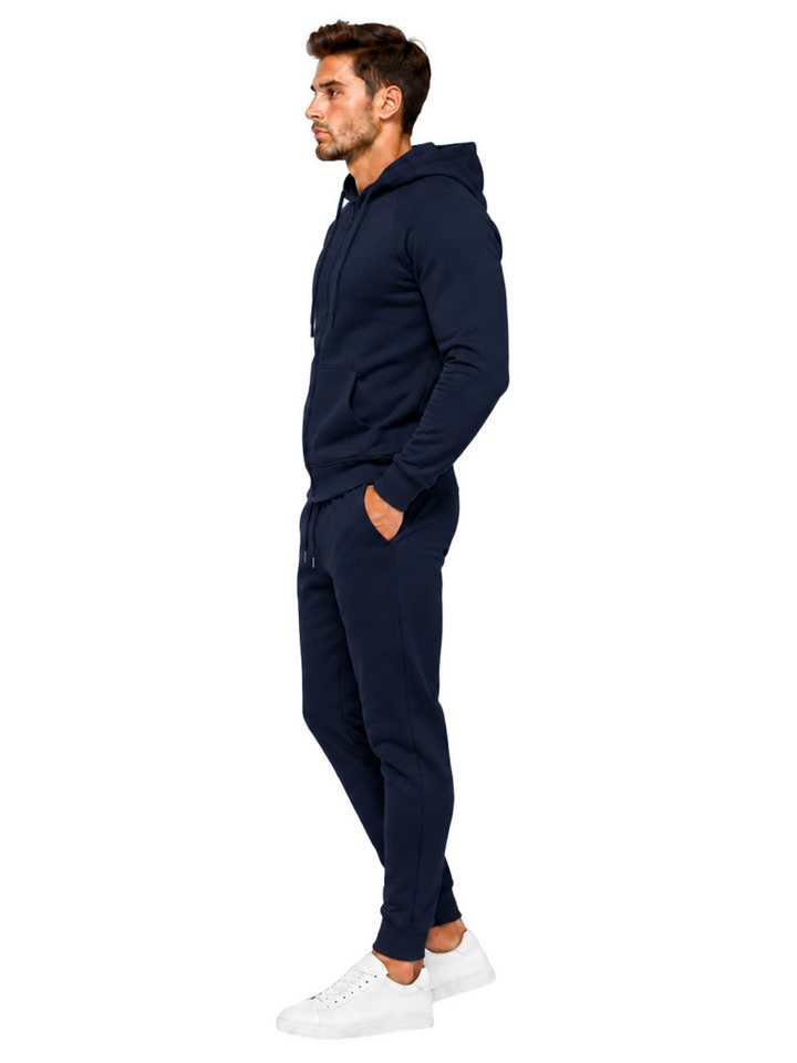 L.gonline Freizeitanzug Herren Jogginganzug einfarbig 100% BW 586 Navy L (Kapuzenjacke mit Reißverschluss, Hose, 2-tlg), Fitness Freizeit Casual