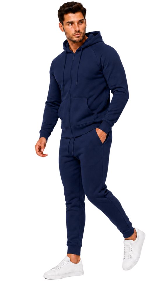 L.gonline Freizeitanzug Herren Jogginganzug einfarbig 100% BW 586 Navy L (Kapuzenjacke mit Reißverschluss, Hose, 2-tlg), Fitness Freizeit Casual Bild 3
