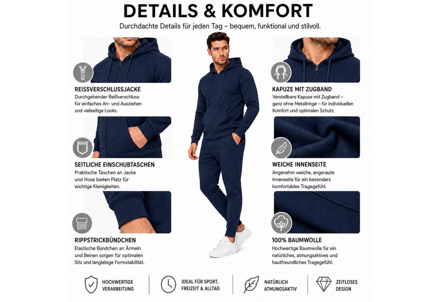 L.gonline Freizeitanzug Herren Jogginganzug einfarbig 100% BW 586 Navy L (Kapuzenjacke mit Reißverschluss, Hose, 2-tlg), Fitness Freizeit Casual Bild 4