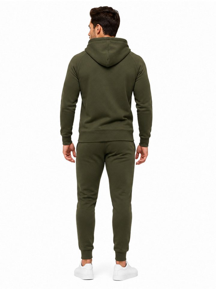 L.gonline Freizeitanzug Herren Jogginganzug einfarbig 100% BW 586 Oliv XL (Kapuzenjacke mit Reißverschluss, Hose, 2-tlg), Fitness Freizeit Casual Bild 3