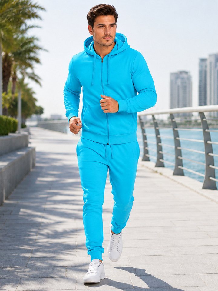 L.gonline Freizeitanzug Herren Jogginganzug einfarbig 100% BW 586 Türkis S (Kapuzenjacke mit Reißverschluss, Hose, 2-tlg), Fitness Freizeit Casual