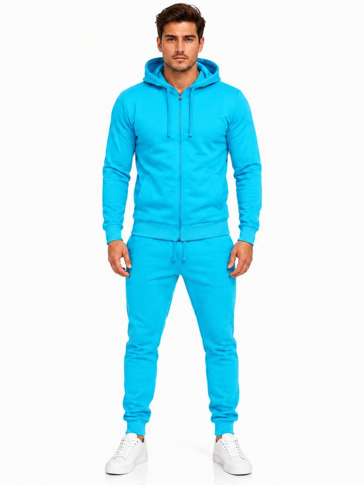 L.gonline Freizeitanzug Herren Jogginganzug einfarbig 100% BW 586 Türkis S (Kapuzenjacke mit Reißverschluss, Hose, 2-tlg), Fitness Freizeit Casual Bild 2