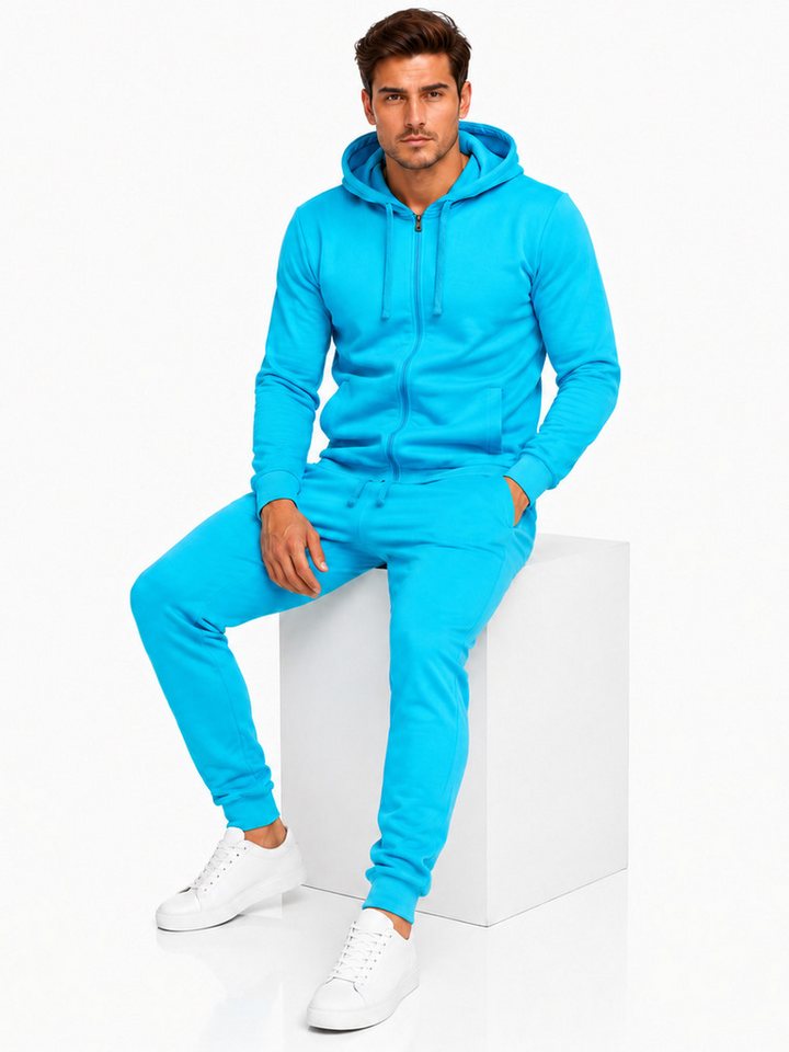 L.gonline Freizeitanzug Herren Jogginganzug einfarbig 100% BW 586 Türkis S (Kapuzenjacke mit Reißverschluss, Hose, 2-tlg), Fitness Freizeit Casual Bild 4
