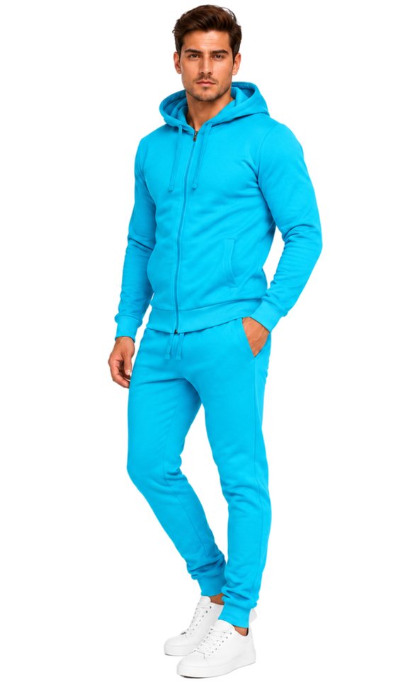 L.gonline Freizeitanzug Herren Jogginganzug einfarbig 100% BW 586 Türkis S (Kapuzenjacke mit Reißverschluss, Hose, 2-tlg), Fitness Freizeit Casual Bild 5