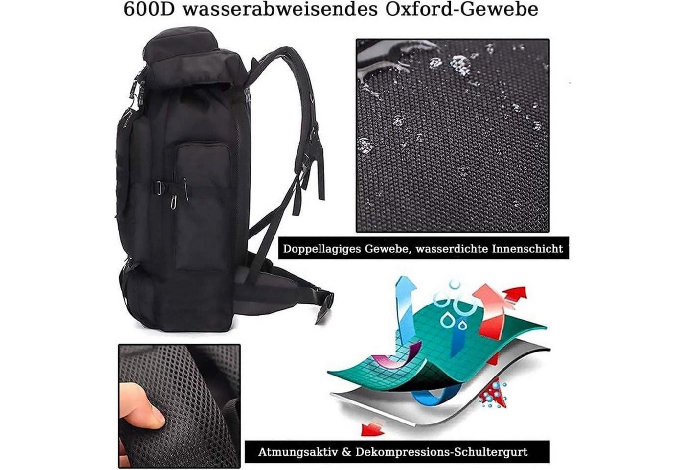 LuxusKollektion Trekkingrucksack Wanderrucksack 60L 80L Wasserdicht Trekking Reiserucksack Schwarz Bild 4