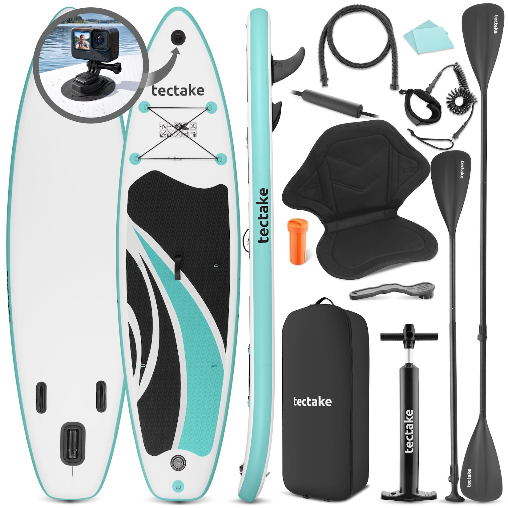 tectake® Stand-Up Paddle Board, aus Drop-Stitch-Material, mit Kamerahalterung, verstellbares Doppelpaddel, Belastbarkeit 200 kg, inklusive Kajak-Sitz