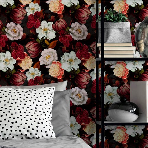 K&L Wall Art Vliestapete »Vintage Vliestapete«, Barock Pfingstrosen schwarz, mehrfarbig, matt - bunt