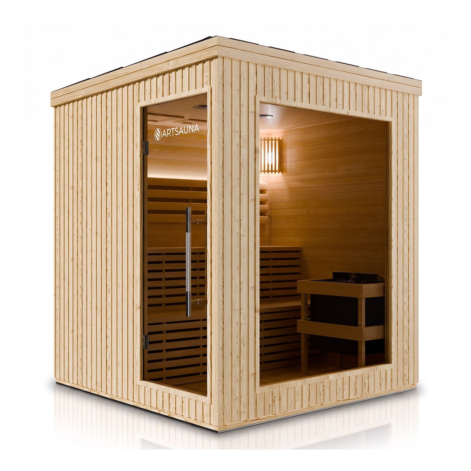 ARTSAUNA® Outdoor Sauna Visby180 aus WPC in Natur, 9 kW Saunaofen, LED-Beleuchtung, Bluetooth, Hemlock, Soundsystem, Zweistufige Bank, Saunakabine für 4-6 Personen