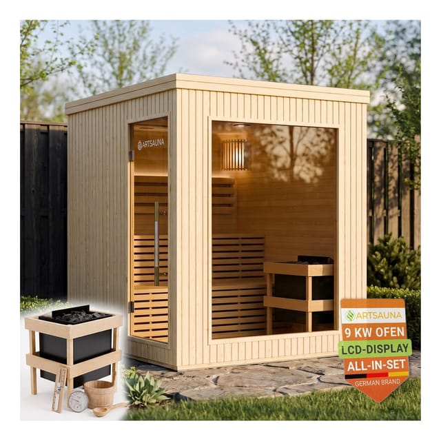 ARTSAUNA® Outdoor Sauna Visby180 aus WPC in Natur, 9 kW Saunaofen, LED-Beleuchtung, Bluetooth, Hemlock, Soundsystem, Zweistufige Bank, Saunakabine für 4-6 Personen