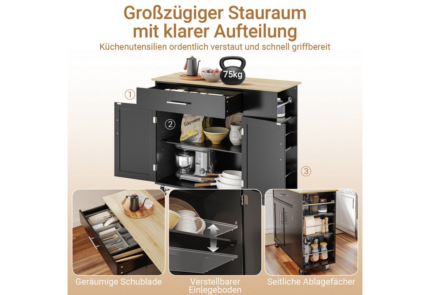 SoBuy Kücheninsel, mobile Küchenstation, rollbarer Küchentrolley mit 1 Schublade 99x40x84,3cm Bild 2