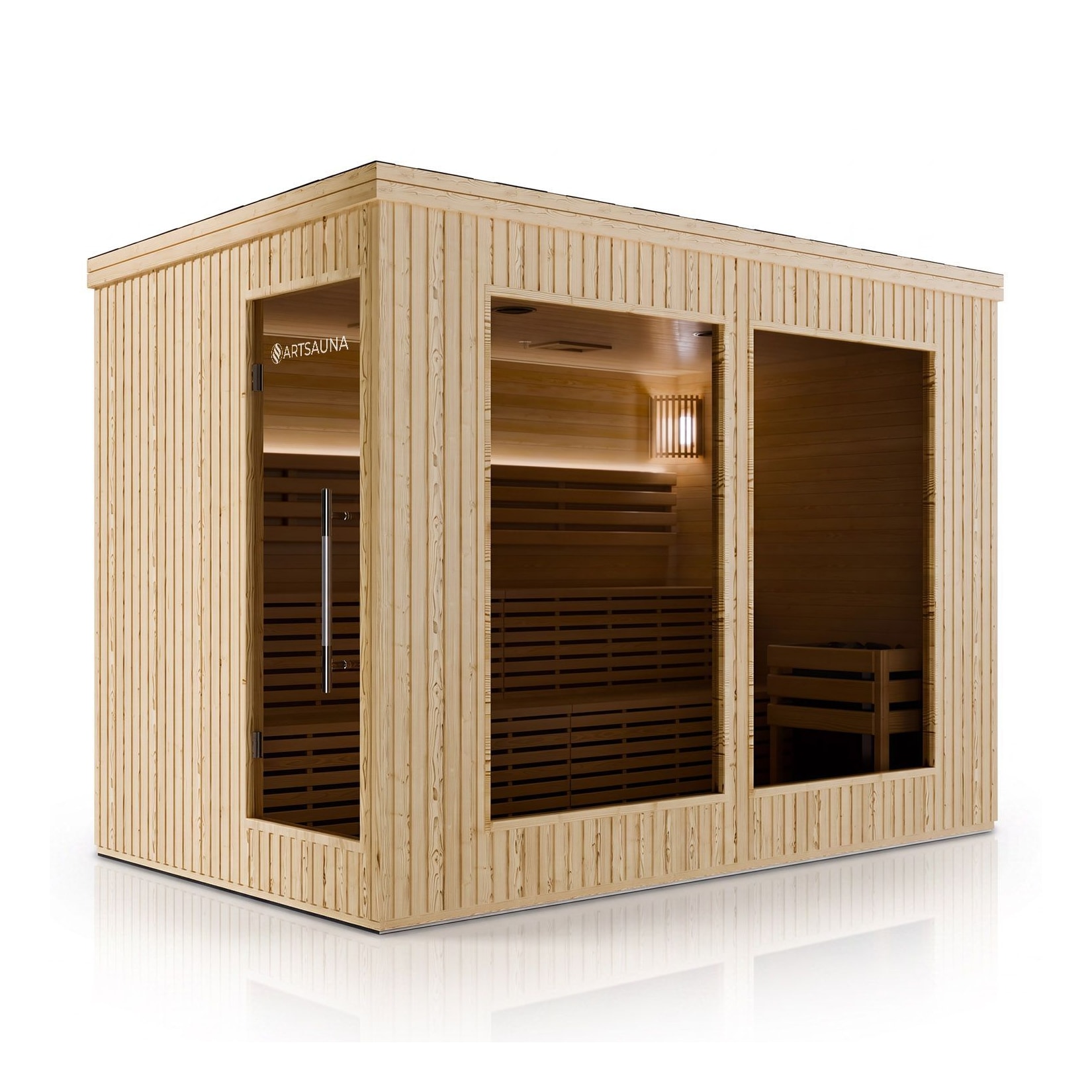 ARTSAUNA® Outdoor Sauna Visby300 aus WPC in Natur, 12 kW Saunaofen, LED-Beleuchtung, Bluetooth, Hemlockholz, Soundsystem, Zweistufige Bank, Saunakabine für 6-8 Personen