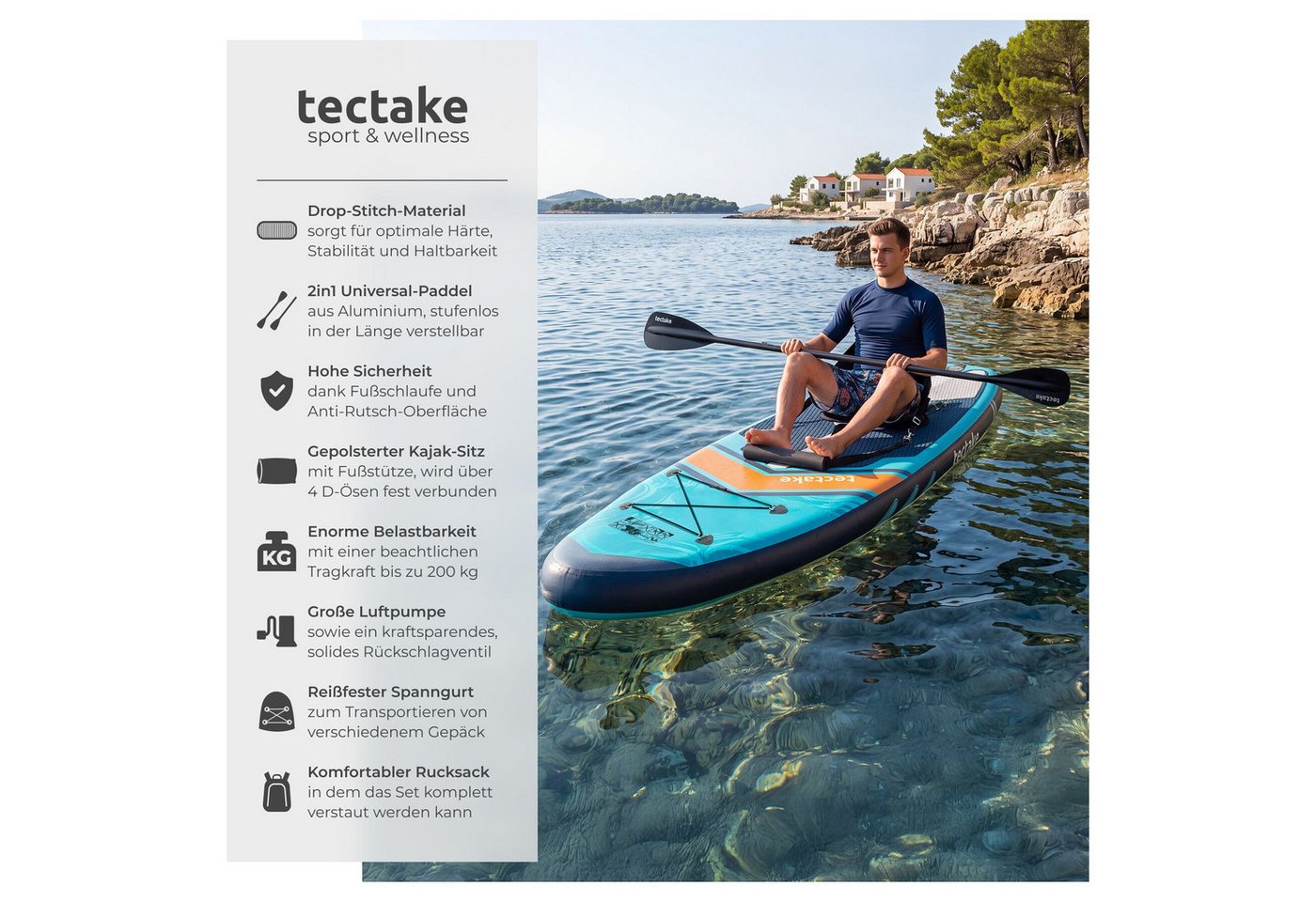 tectake® Stand Up Paddle Board, aus Drop-Stitch-Material, verstellbares Doppelpaddel, Belastbarkeit 200 kg, inklusive Kajak-Sitz