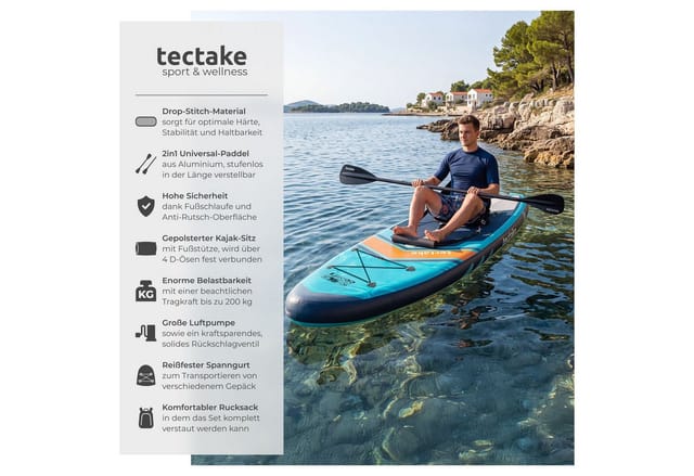 tectake® Stand Up Paddle Board, aus Drop-Stitch-Material, verstellbares Doppelpaddel, Belastbarkeit 200 kg, inklusive Kajak-Sitz