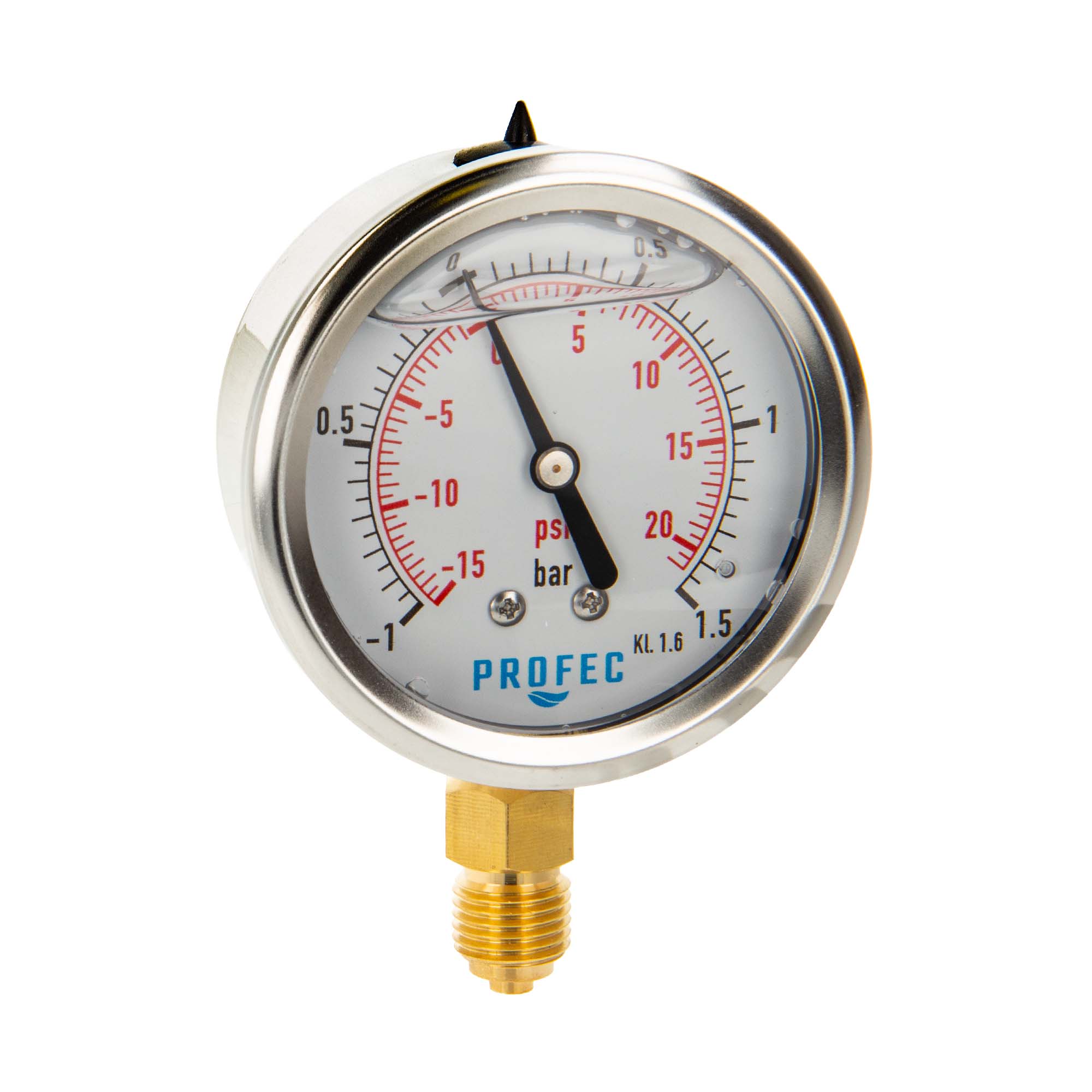 Profec Manometer -1 Bis 1,5 Bar, Glyzeringefüllt, Ø 63 Mm, 1/4 Zoll Anschluss Nach Unten Radial, Unterdruck-manometer