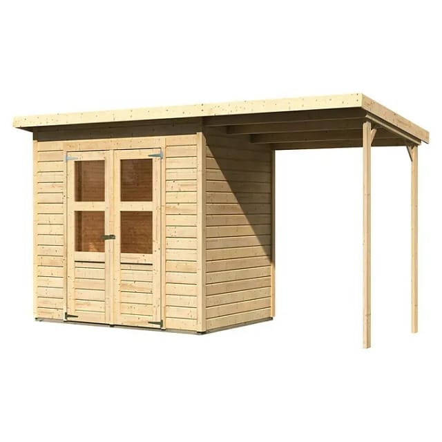 KARIBU Gartenhaus »Merseburg im Set«, Holz, BxHxT: 390 x 219 x 154 cm (Außenmaße inkl. Dachüberstand) - beige