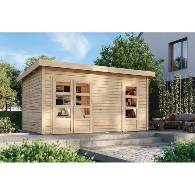 KARIBU Gartenhaus »Mattrup«, Holz, BxHxT: 424 x 230 x 274 cm (Außenmaße inkl. Dachüberstand) - beige
