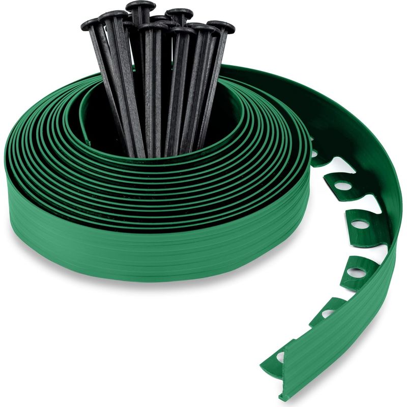 10 Meter Lange, Flexible Garteneinfassung Aus Kunststoff Mit 30 Befestigungspfählen – 50 Mm Hoch, Grün