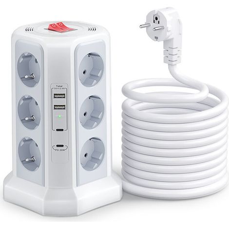 Steckdosenleiste Mit Schalter, Turmsteckdosenleiste Mit 12 Steckdosen Und 4 Usb-anschlüssen (2 Usb-a & 2 Usb-c), 1,5 M Kabel Für Zuhause Und Büro – Weiß