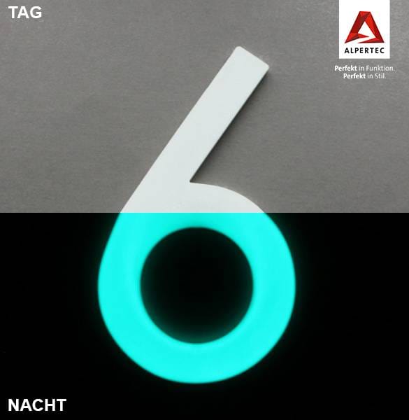 ALPERTEC Hausnummer, 6, Weiß, Kunststoff, 9,7 x 18 x 0,4 cm, nachtleuchtend - weiss