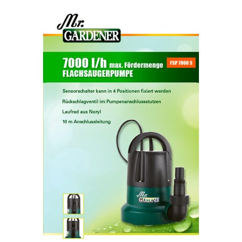 Mr. GARDENER Flachsaugpumpe »7000 S«, 400 W, Fördermenge: 7000 l/h - grau