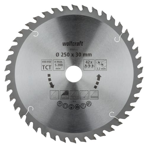 WOLFCRAFT Tisch-Kreissägeblätter, Ø: 250 mm, 42 Zähne, Hartmetall - silberfarben