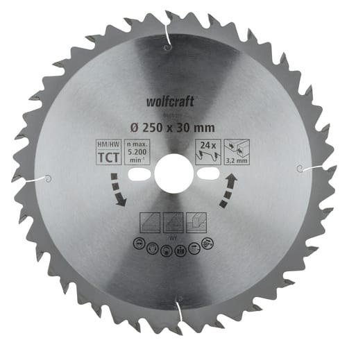 WOLFCRAFT Tisch-Kreissägeblätter, Ø: 250 mm, 24 Zähne, Hartmetall - silberfarben