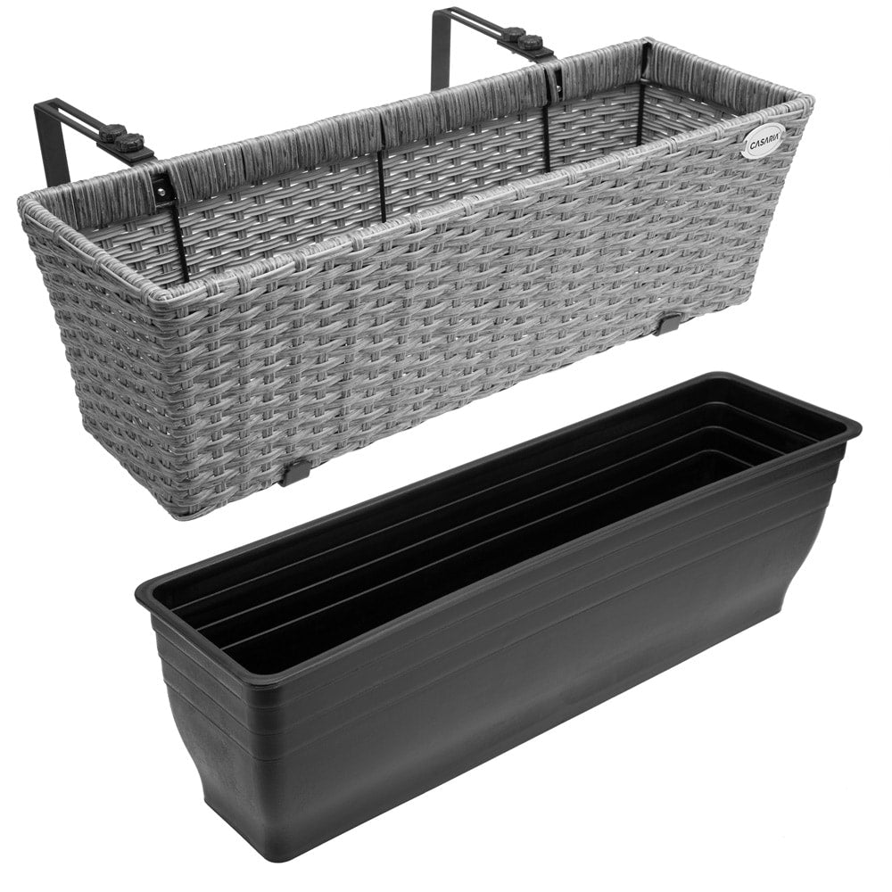 Graues Balkon-pflanzgefäß-set Aus Poly-rattan, Für Den Innen- Und Außenbereich Geeignet