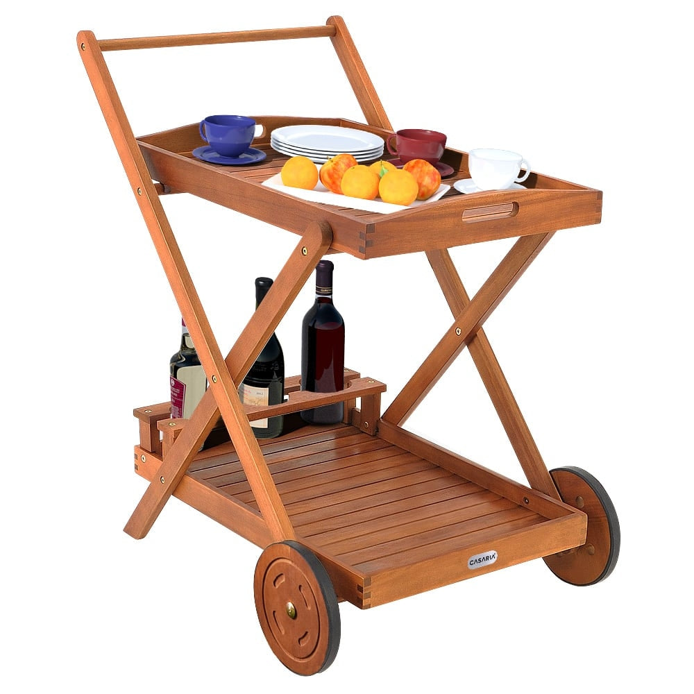 Servierwagen Mit Rädern, Akazienholz, 2 Ebenen