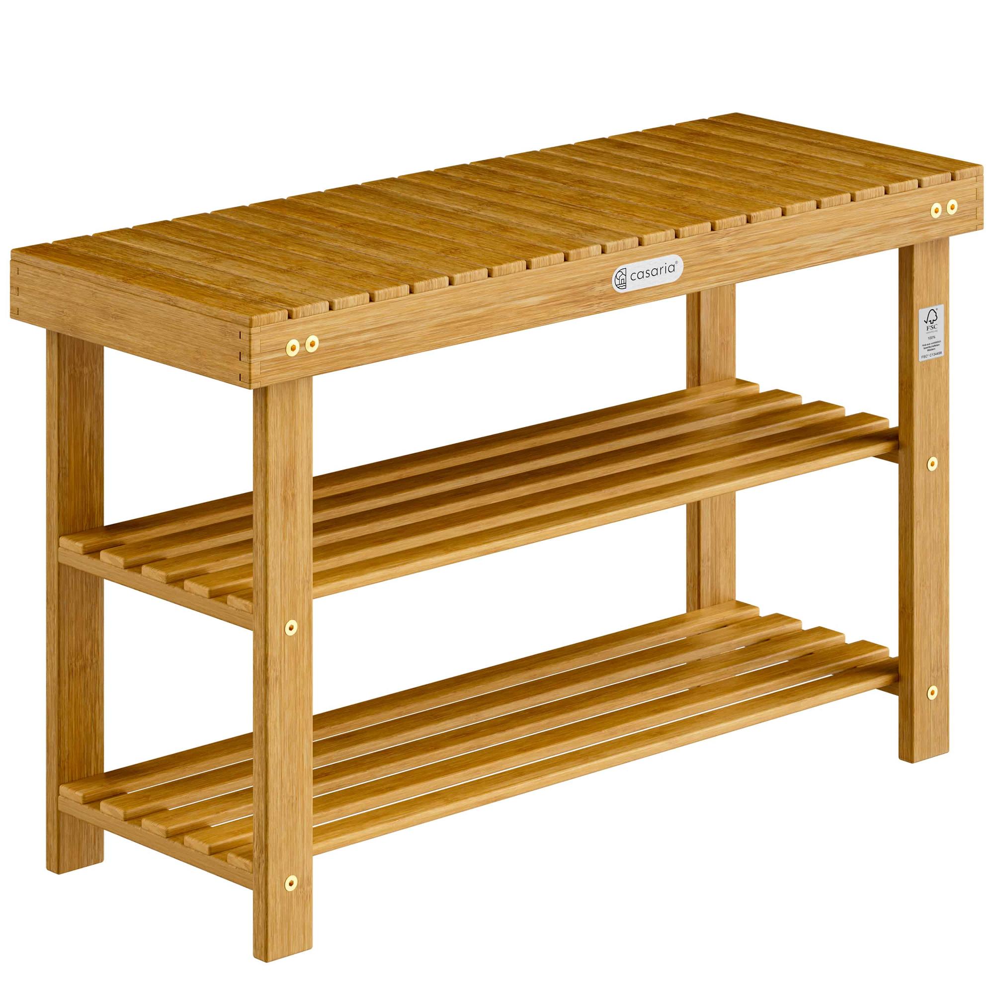 Schuhregal Und Bank, Akazienholz, 2 Ablagen, 90 X 32 X 46 Cm
