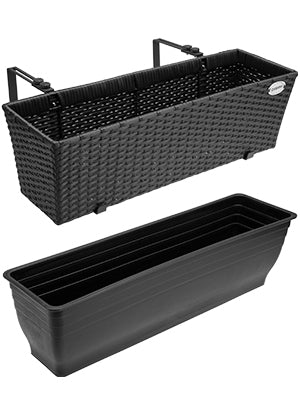 Fensterkasten-set Aus Poly-rattan, 60 X 20 X 19 Cm, Schwarz, 2 Stück