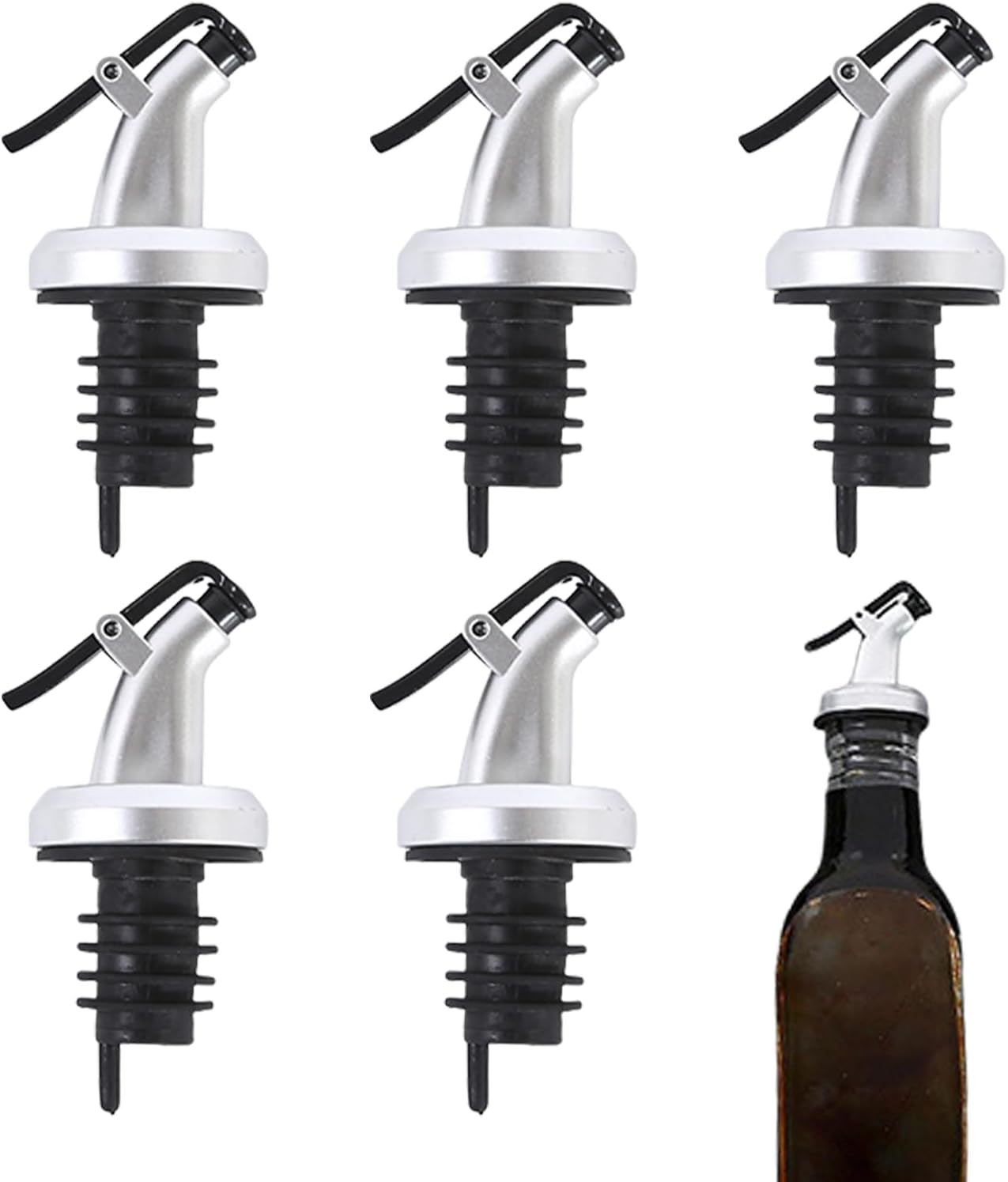 5-teiliges Set Olivenöl-ausgießer, Alkoholverschluss, Silberner Spender, Olivenölflaschenspender, Wiederverschließbare Ausgießer, Praktischer Ölspender Mit Gummikappe, Vielseitige Und Präzise Dosierau