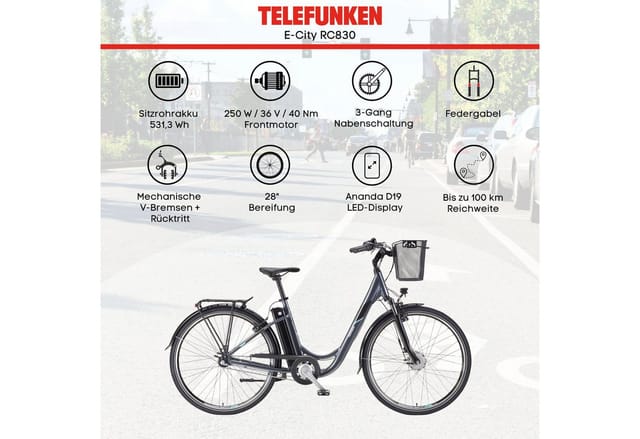 TELEFUNKEN E-Bike »RC830 Multitalent«, 28 Zoll, RH: 48 cm, 3-Gang - grau