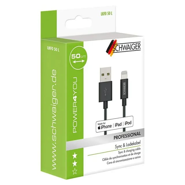 SCHWAIGER Kabel, 1x USB / 1x Lightning, Schwarz, 0,5 m