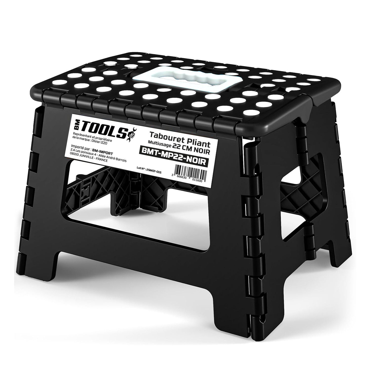 Tabouret Pliant Noir 22cm, Marchepied Pied Pliable Bm Tools Bmt-mp22-noir - 150kg Capacité, Léger Et Compact Pour Adulte/enfant