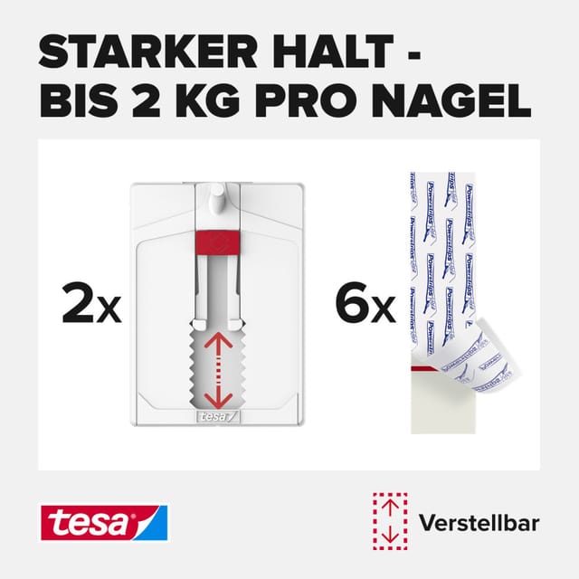 TESA Klebenagel, geeignet für: Tapeten und Putz verstellbar, Tragkraft: max. 2 kg - weiss