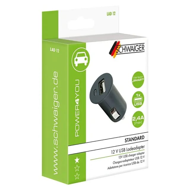 SCHWAIGER Ladeadapter, 12V, Smart,1xUSB,2.4A schwarz