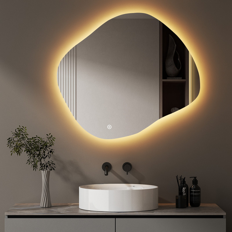 Spiegel Mit Beleuchtung Asymmetrischer Led Badspiegel 74 X 64 Cm Mit Touch-schalter, Dimmbar 3 Lichtfarbe Einstellbare, Badezimmerspiegel Mit Beleuchtung