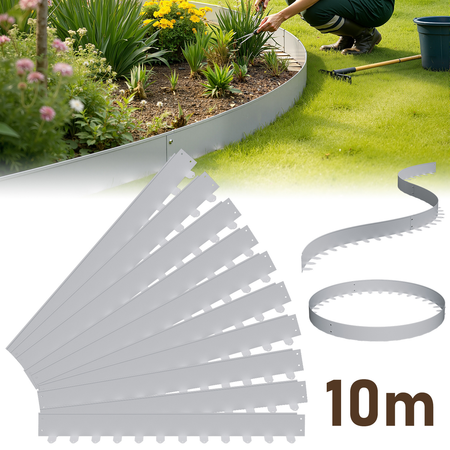 Wolketon Bordüre Aus Flexiblem Stahl Für Garten & Rasen - 10 Paneele À 100 Cm (10 M Gesamtlänge) - Höhe 10 Cm - Farbe Silber - Inkl. 120 Erdankern & Befestigungsnägeln
