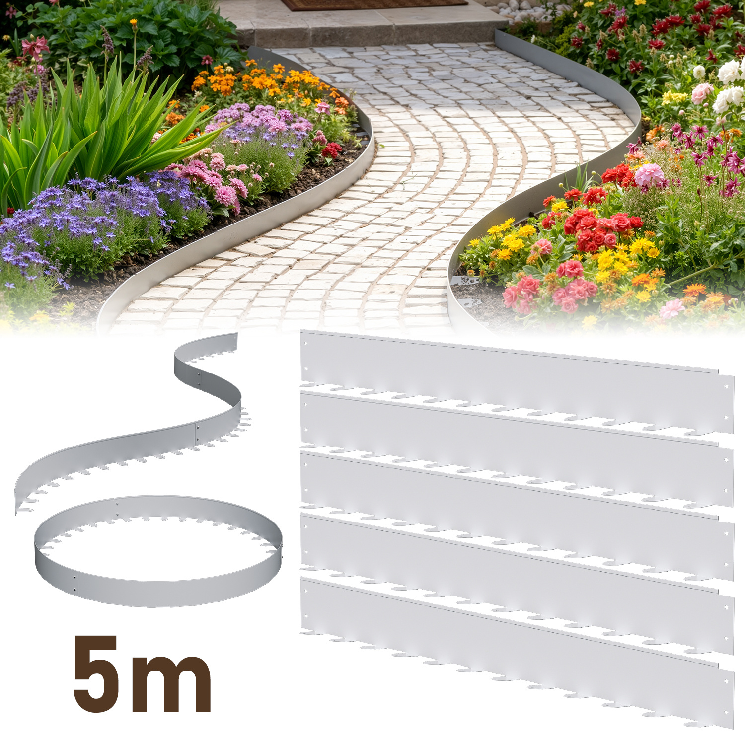 Wolketon Bordüre Aus Flexiblem Stahl Für Garten & Rasen - 5 Paneele À 100 Cm (5 M Gesamtlänge) - Höhe 5 Cm - Farbe Silber - Inkl. 60 Erdankern & Befestigungsnägeln